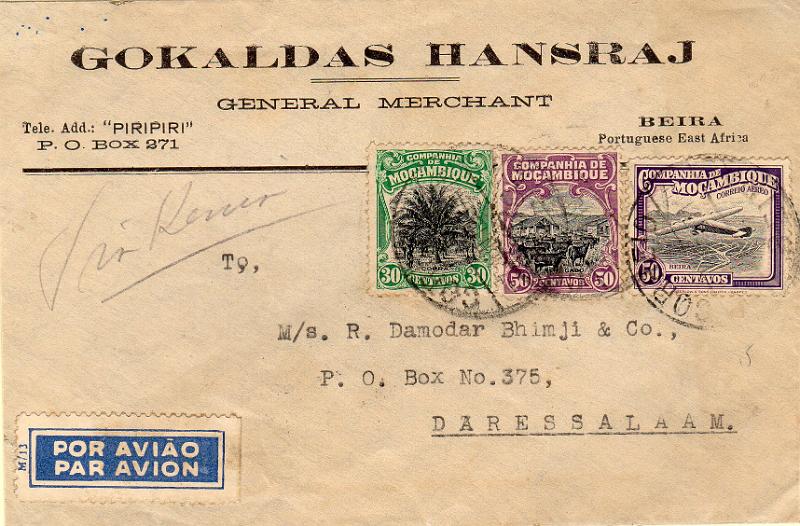 1651 f.jpg -     Lote:    1651 (frente)                   Descrição:         1918/37 &mdash; Motivos locais + Inauguração do Correio Aéreo (tipo retangular). Sobrescrito circulado por via aérea da Beira (01.06.37) para Daressalam (05.06.37) com trânsito por Dodoma (03.07.37), com selos de 30C, 50C, 2E e 50C CE156, 158, 187 e CA18. Interessante destino aéreo.        Carta       Valor Base:     &euro; 15,00     Valor Venda:     &euro;      